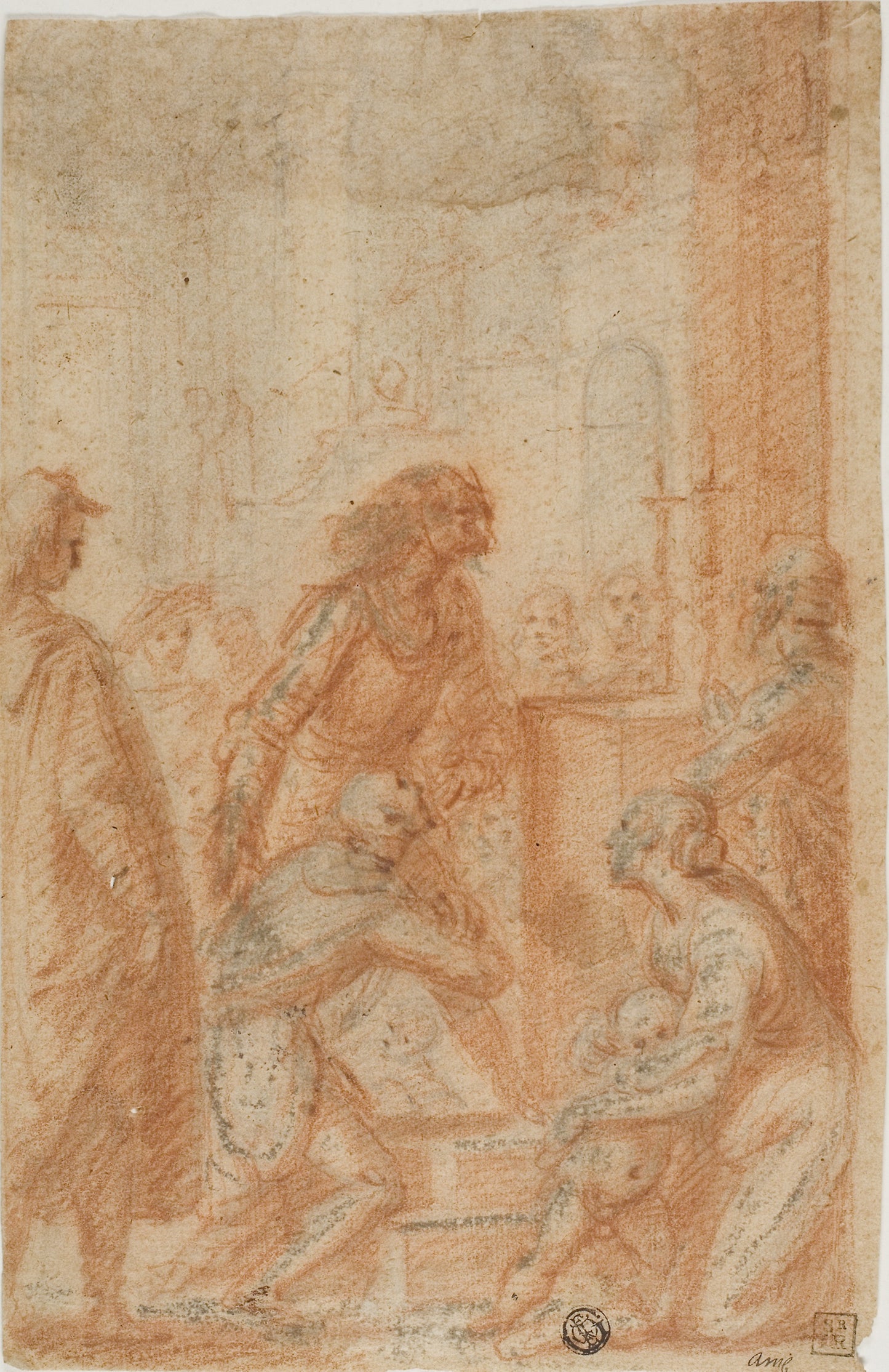 Figures Before Altar in Church (recto); Half-Length Male Nude, Looking Upward to Right (verso) -  Style of Francesco Furini (Italian, 1604-1646),  Poster Print Wall Art