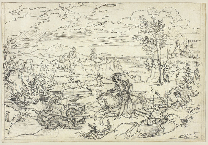 Landscape with Saint George and the Dragon and the Monte Soratte: Joseph Anton Koch,16x12