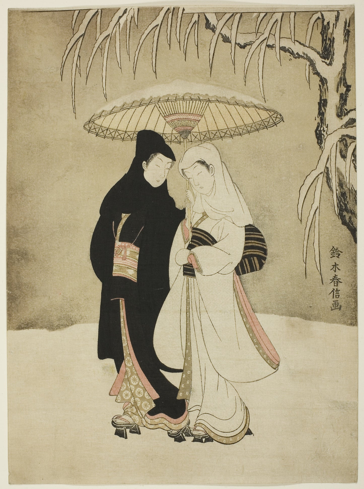 Lovers Beneath an Umbrella in the Snow -  Suzuki Harunobu ?? ?? ,  Poster Print Wall Art