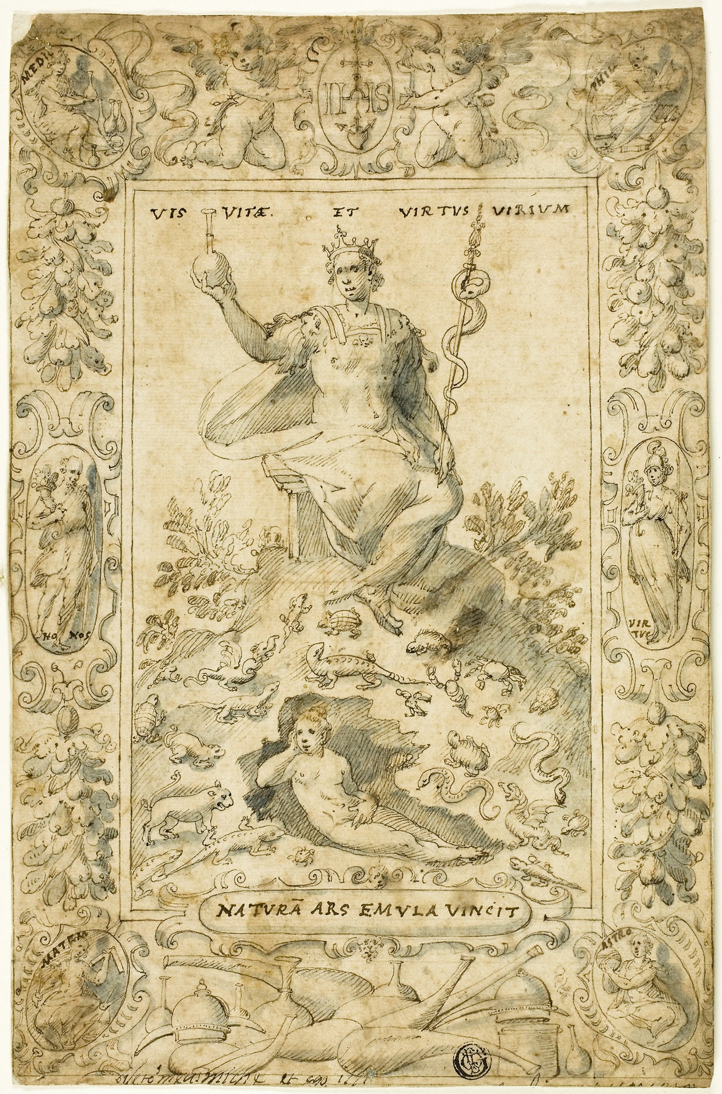 Design for Emblematic Frontispiece -  "Natura Ars Emula Vincit" -  Circle of Giovanni Guerra,  Poster Print Wall Art