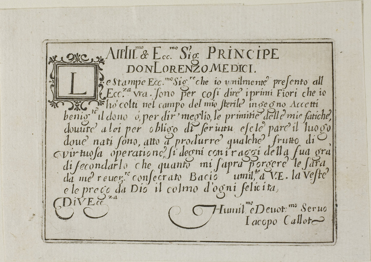 Dedication to Don Lorenzo de'Medici, from The Caprices -  Jacques Callot,  Poster Print Wall Art