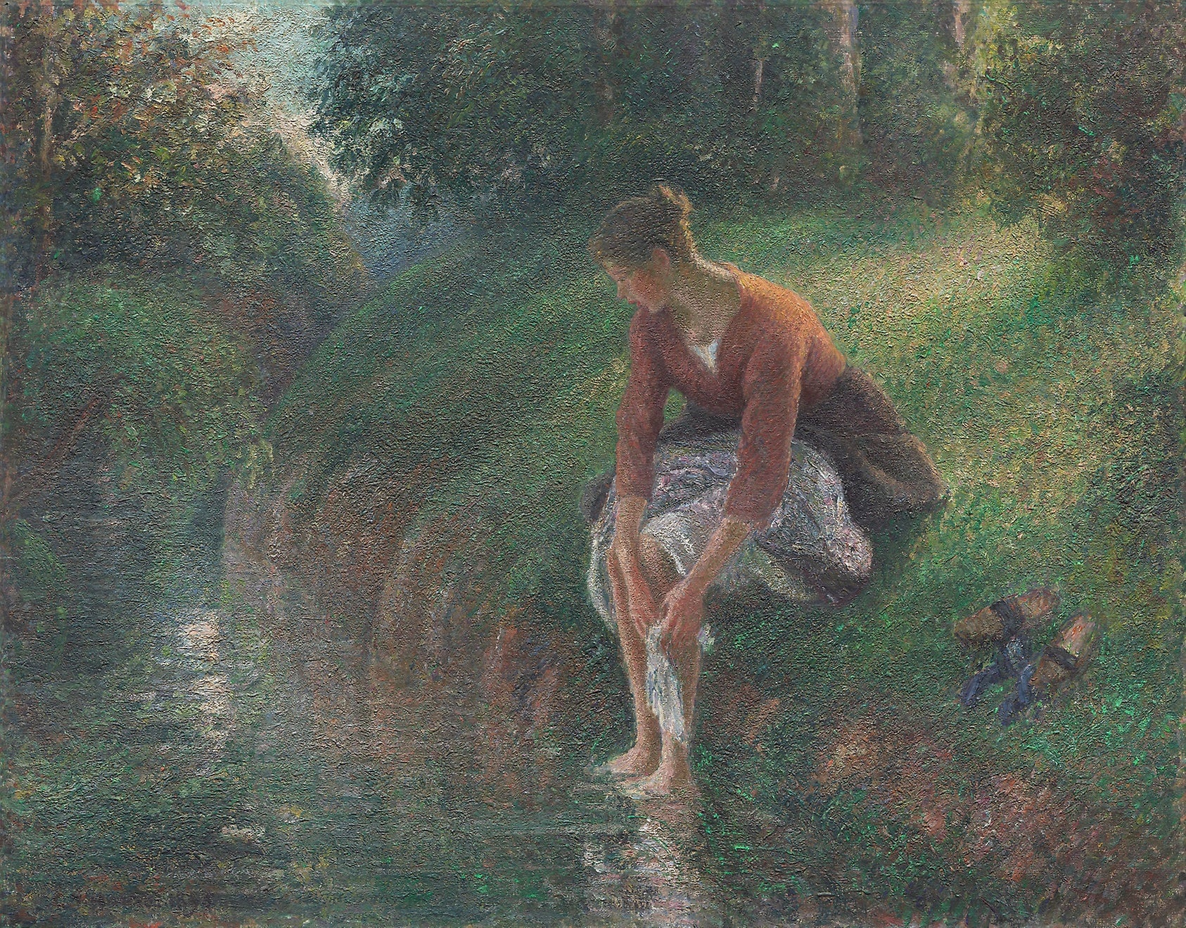 Woman Bathing Her Feet in a Brook: Camille Pissarro,16x12"(A3) Poster