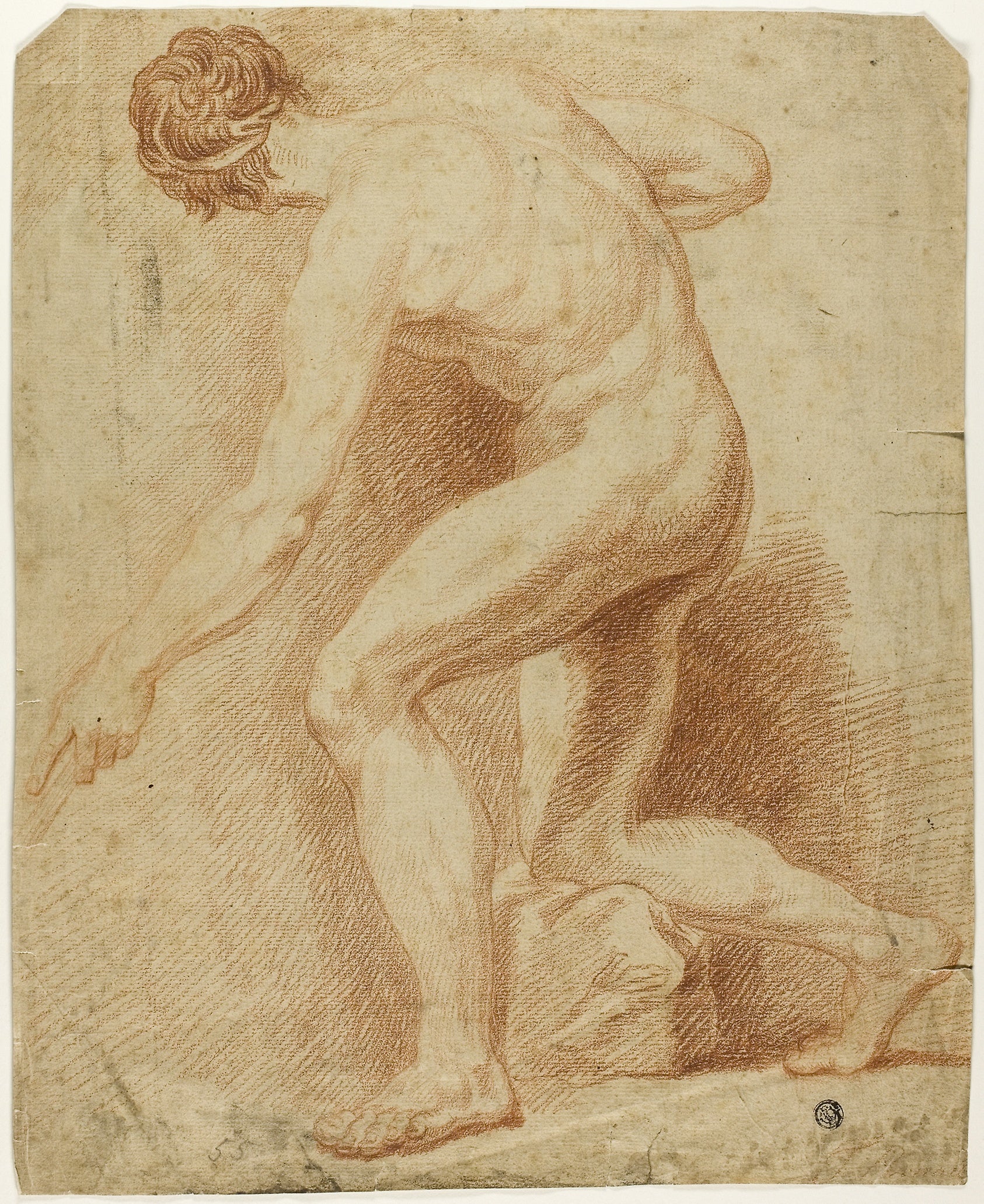 Academic Male Nude, Half-Kneeling and Seen from the Back: Unknown artist,16x12"(A3) Poster