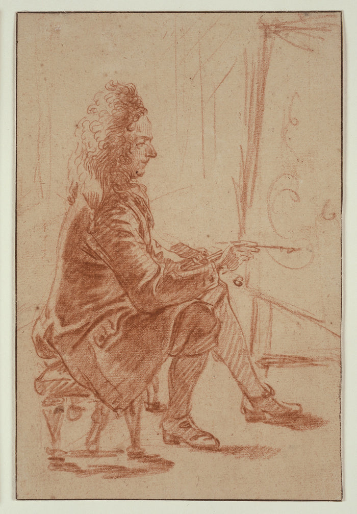A Bewigged Painter (Possibly Claude Audran), Seated at his Easel, Seen in Profile: Jean Antoine Watteau,16x12