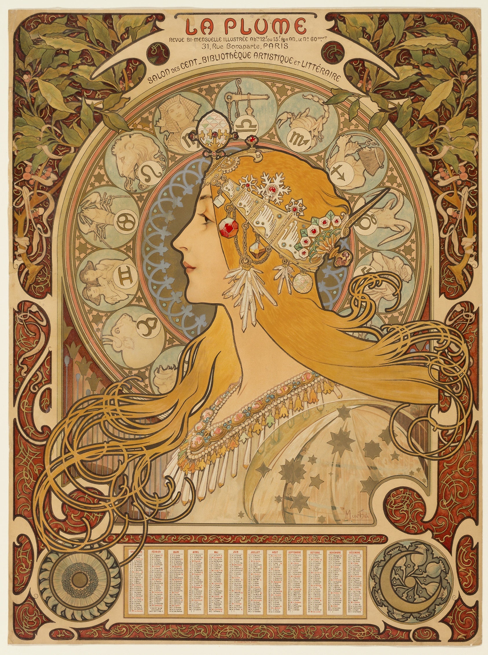 Zodiaque ("La Plume"): Alphonse Marie Mucha,16x12"(A3) Poster