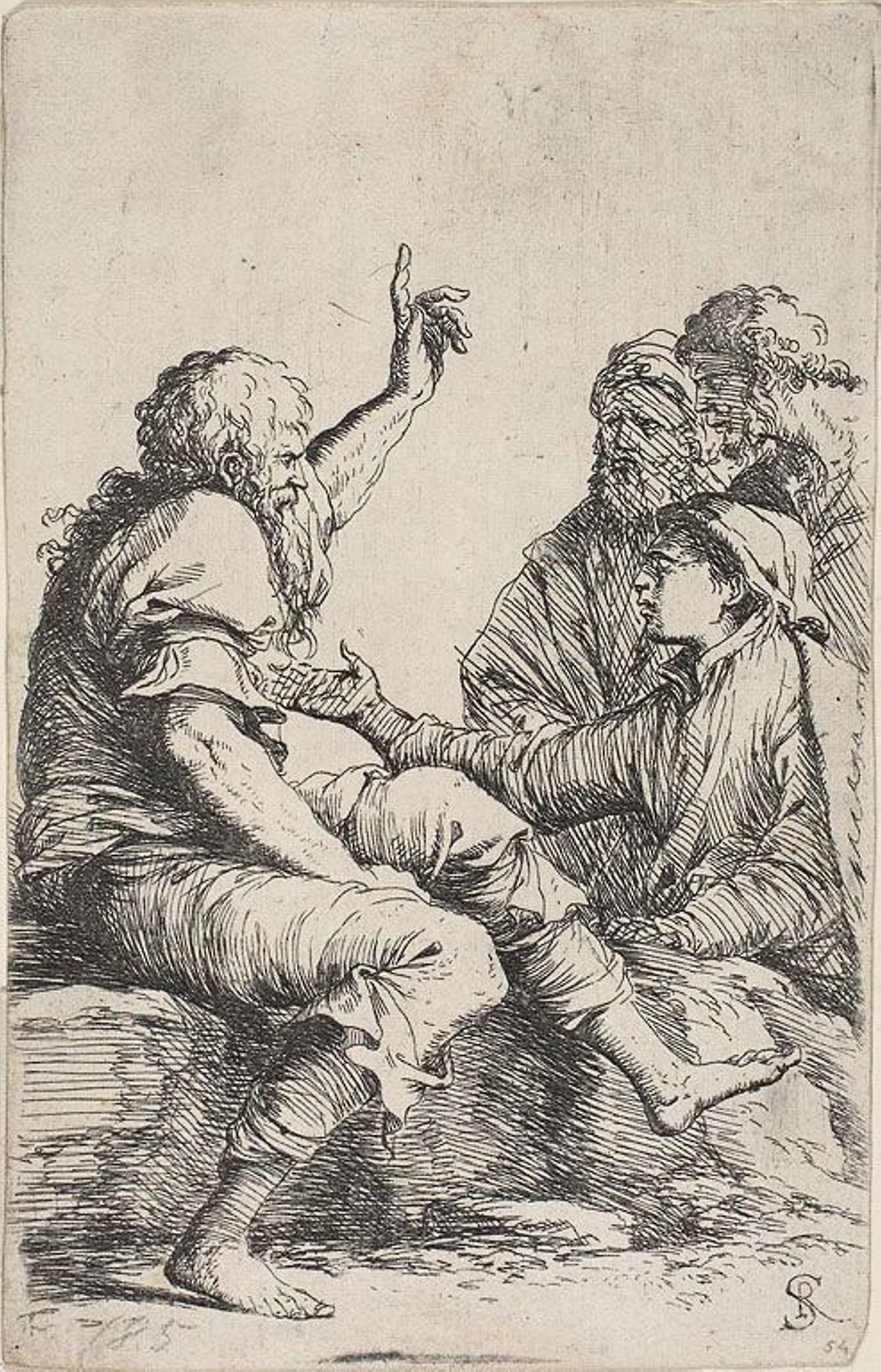 A bearded old man seated on a rock and making a hortatory gesture toward three men opposite him, from Figurine series: Salvator Rosa,16x12"(A3) Poster