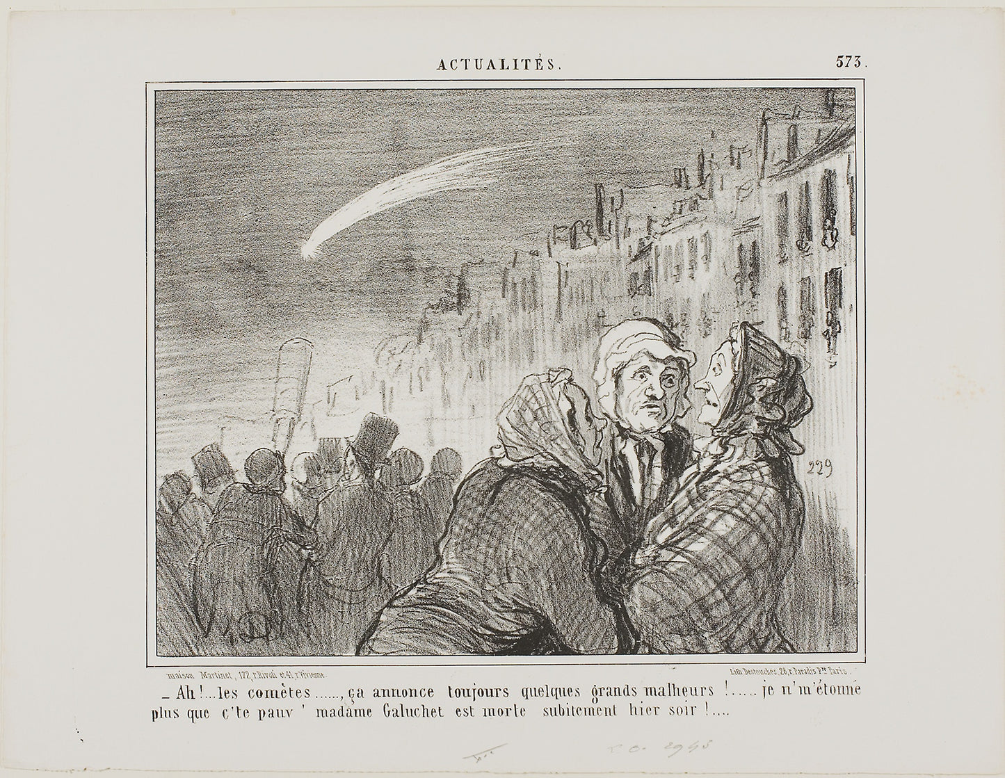“- Ah yes, those comets, they always predict great misfortunes. It doesn't surprise me at all that poor Madame Galuchet suddenly died last night,” plate 573 from Actualités -  Honoré Victorin Daumier,  Poster Print Wall Art