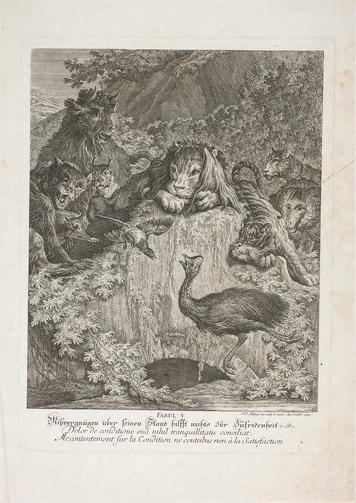 Fable V, plate five from Lehrreiche Fabeln aus dem Reiche der Theire: Johann Elias Ridinger,16x12
