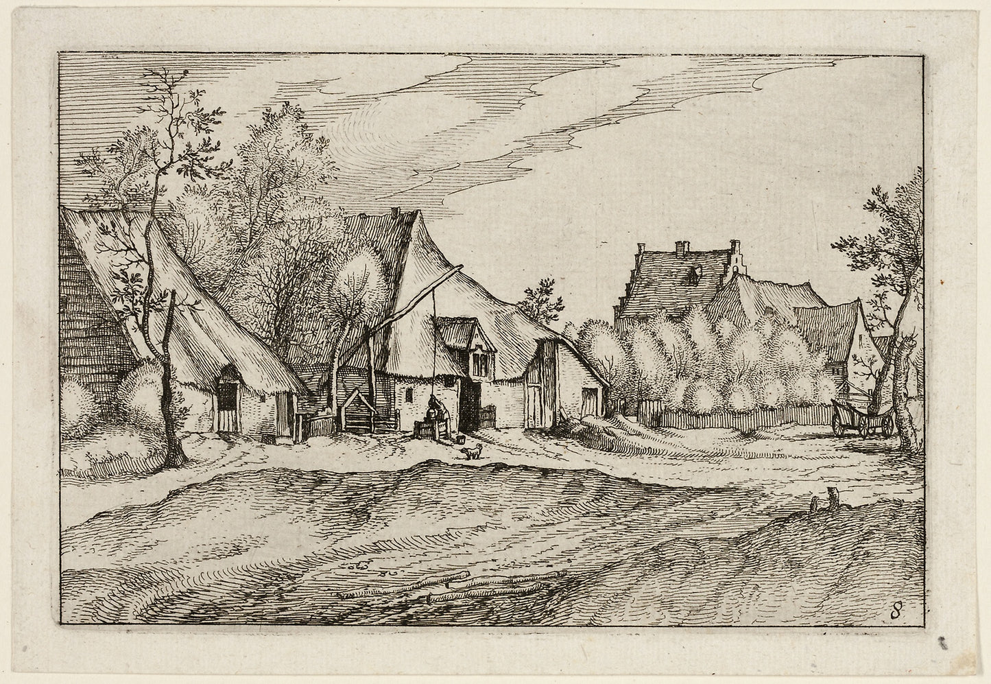 Farms in a Village, plate eight after Pictures of Farms, Country Houses and Rustic Villages (Praediorum villarum et rusticarum casularum icones) -  Claes Jansz. Visscher (Dutch, 1587-1652),  Poster Print Wall Art