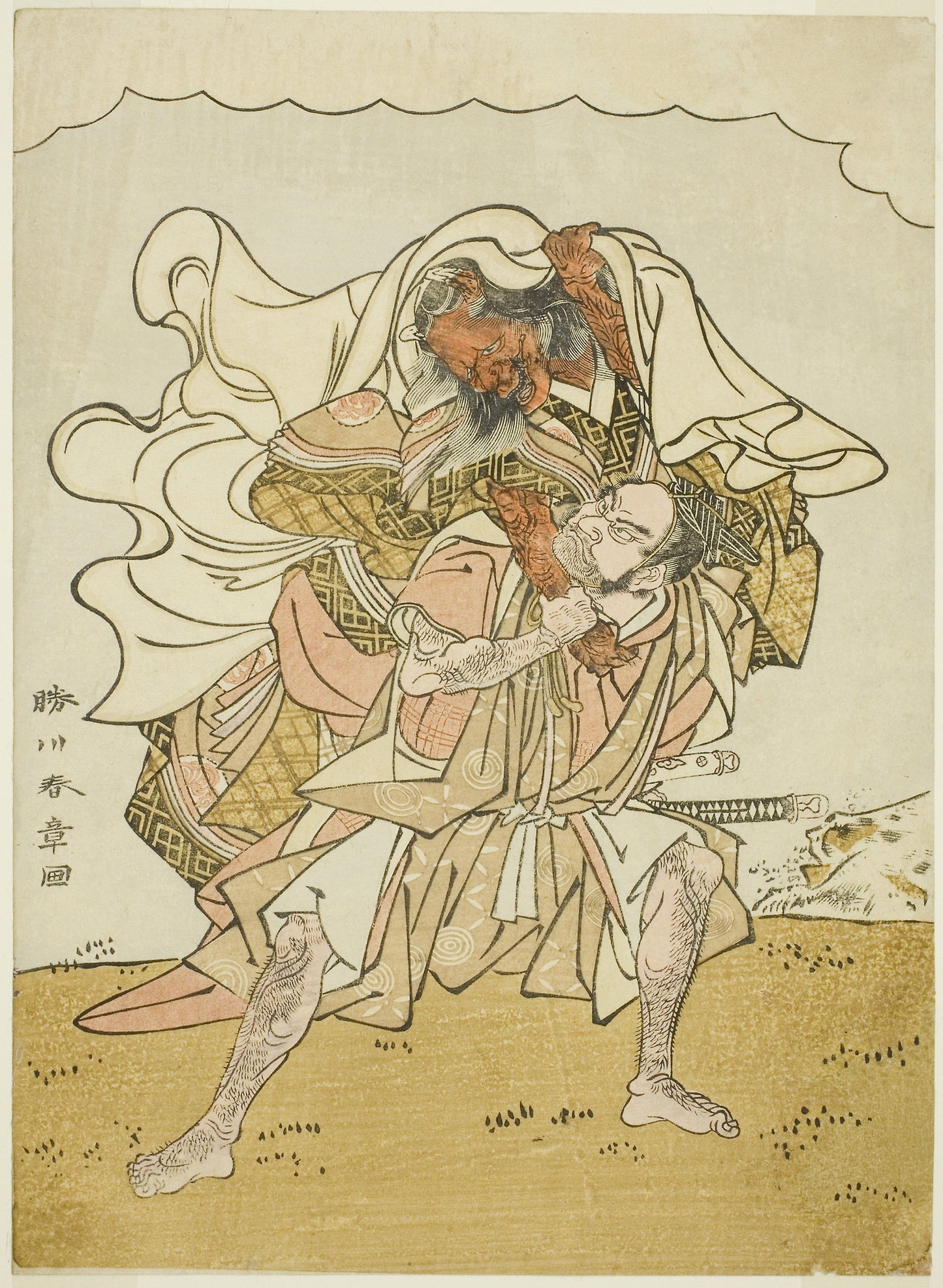 The Warrior Omori Hikoshichi Carrying a Female Demon on His Back -  Katsukawa Shunsho ?? ??,  Poster Print Wall Art
