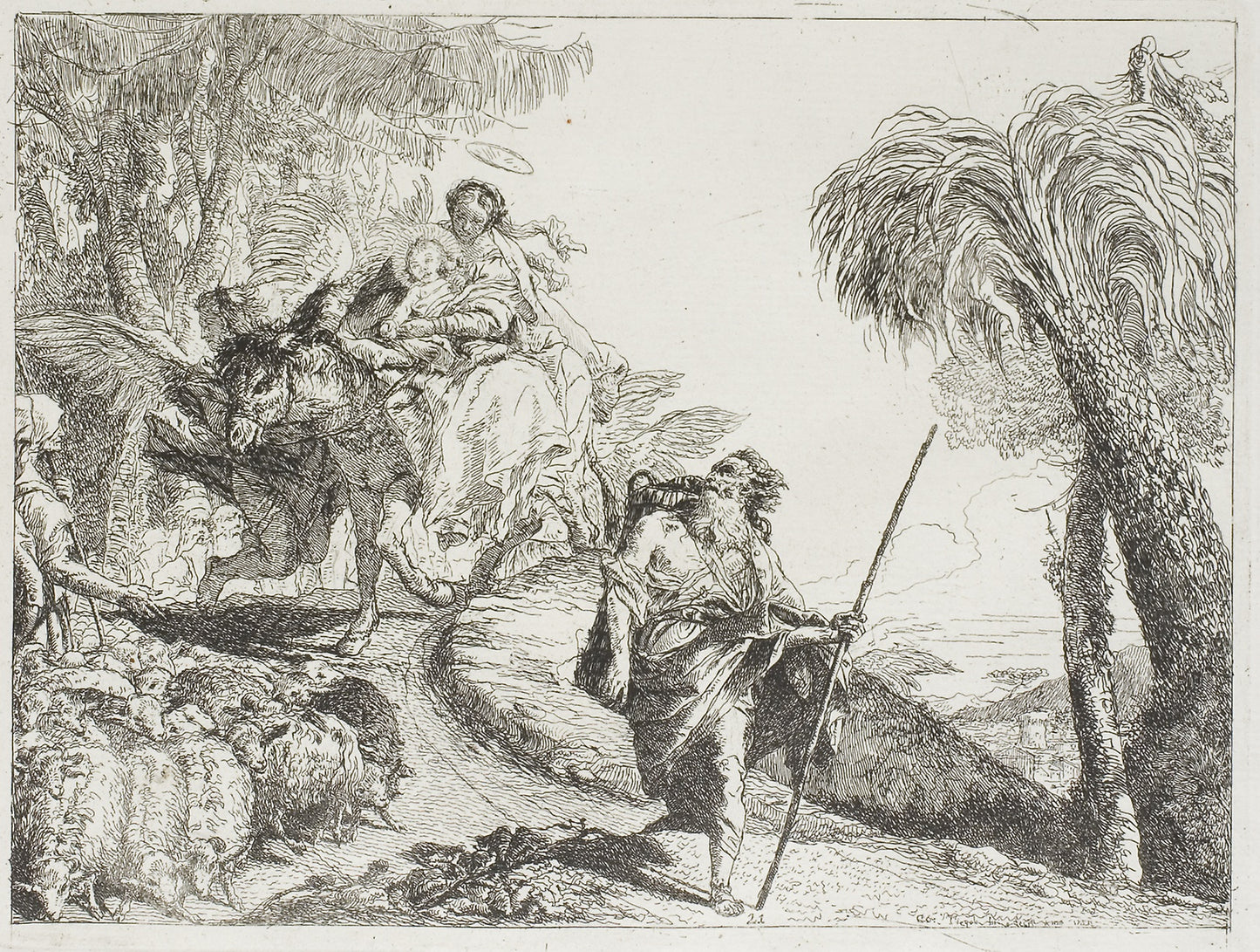 The Holy Family Descending a Forest Path, Near a Flock and Some Shepherds, plate 21 from The Flight into Egypt -  Giovanni Domenico Tiepolo,  Poster Print Wall Art