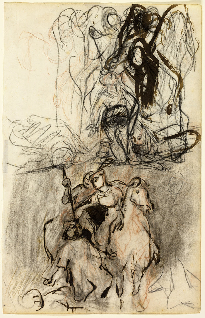 Two Sketches; Armed Riders and Figure on the Ground: Attributed to Eugène Delacroix,16x12