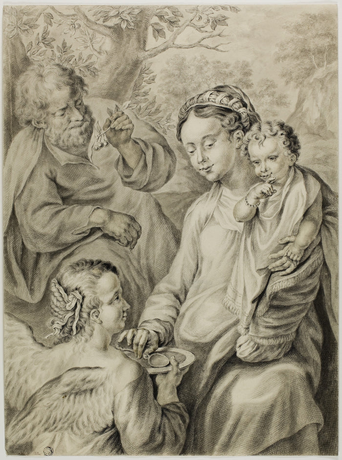 Virgin Feeding Porridge to the Christ Child, with Saint Joseph and Kneeling Angel: Abraham Delfos (Dutch, 1731-1820),16x12