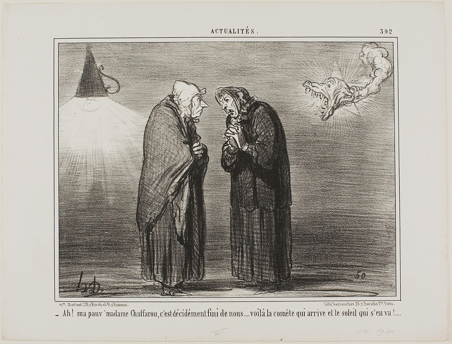 “- Ah, my dear Madame Chaffarou... this surely must be the end... the comet is coming and the sun is going,” plate 392 from Actualités -  Honoré Victorin Daumier,  Poster Print Wall Art