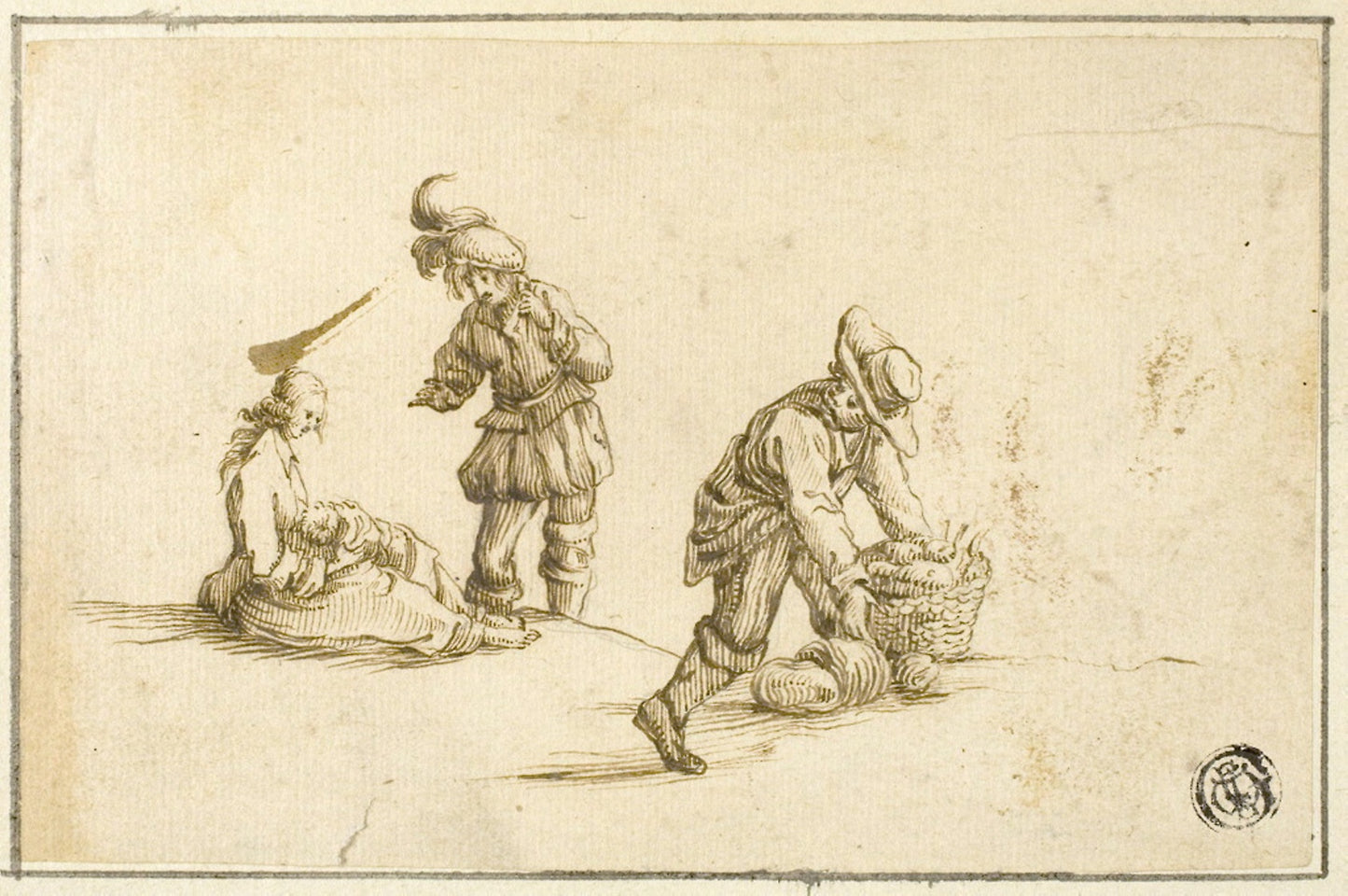 Resting Mother and Child, and Two Men, One Lifting Basket -  after Stefano della Bella,  Poster Print Wall Art