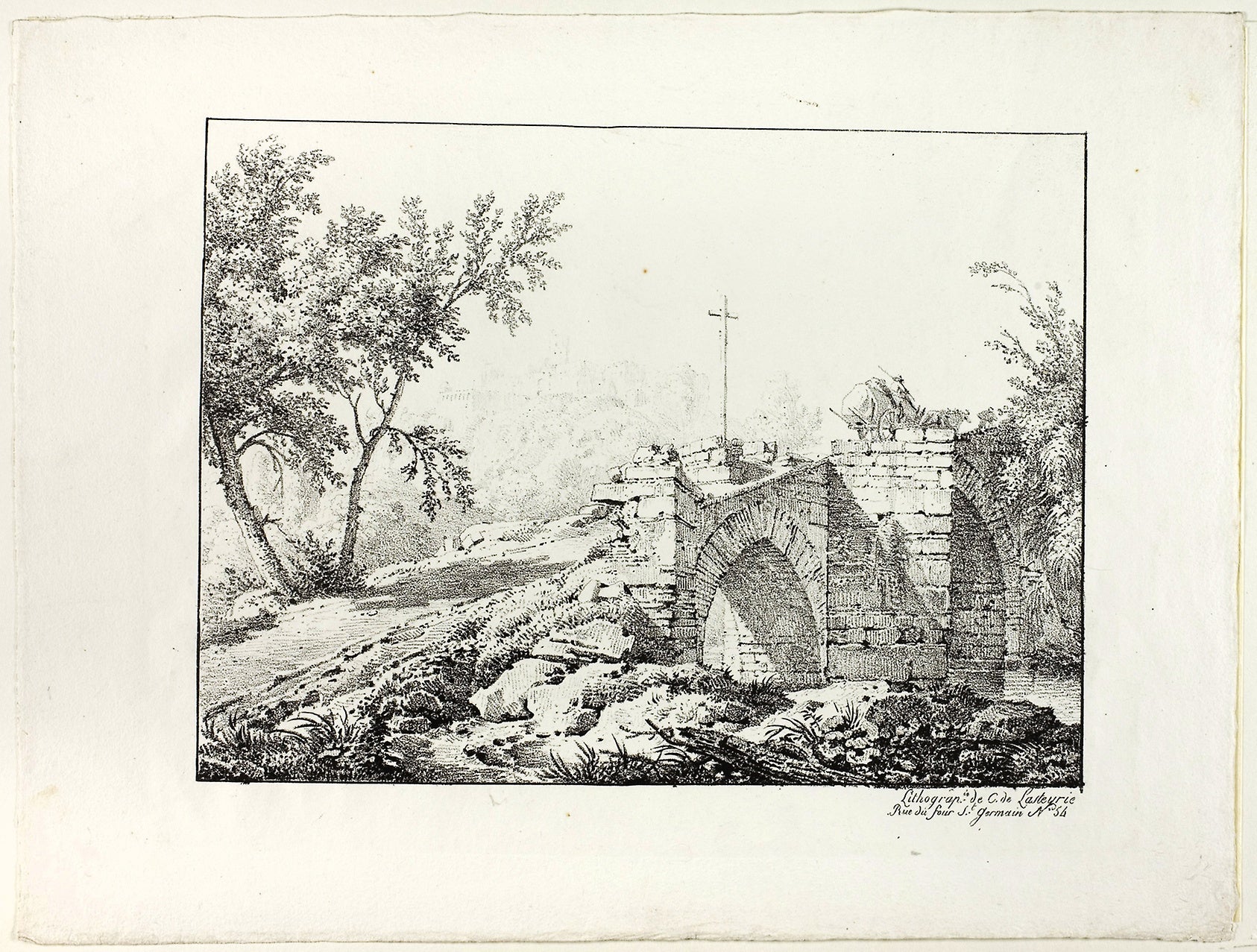 Landscape with Bridge: Achille Etna Michallon (French, 1796-1822),16x12"(A3) Poster