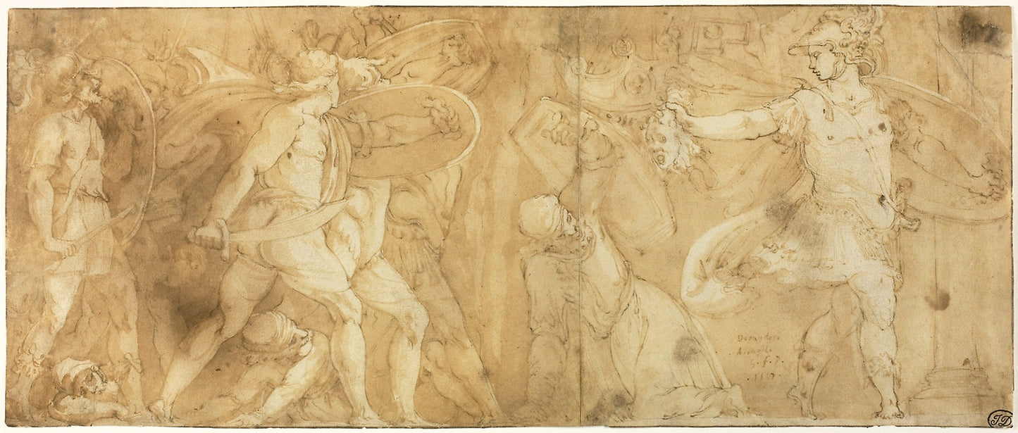 Perseus with the Head of Medusa, Turning Phineus and his Followers to Stone -  After Polidoro Caldara, called Polidoro da Caravaggio,  Poster Print Wall Art