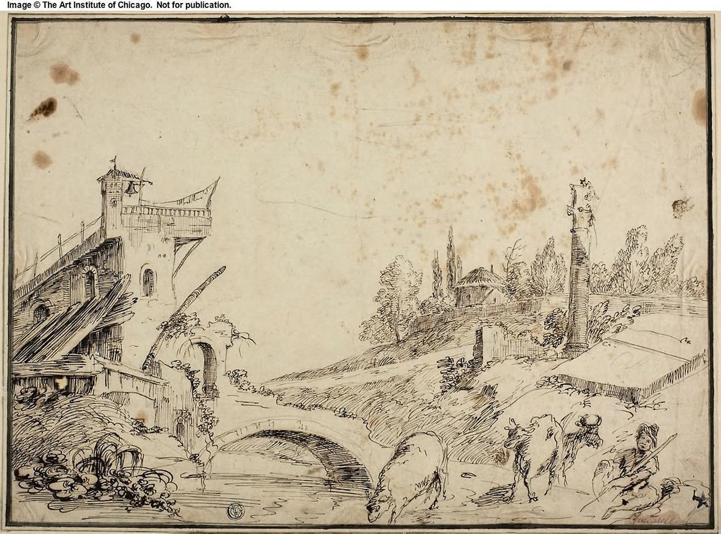 Pastoral Landscape with Shepherd and Cattle -  Attributed to Bernardo Zilotti (Italian, c. 1730-1780/95),  Poster Print Wall Art