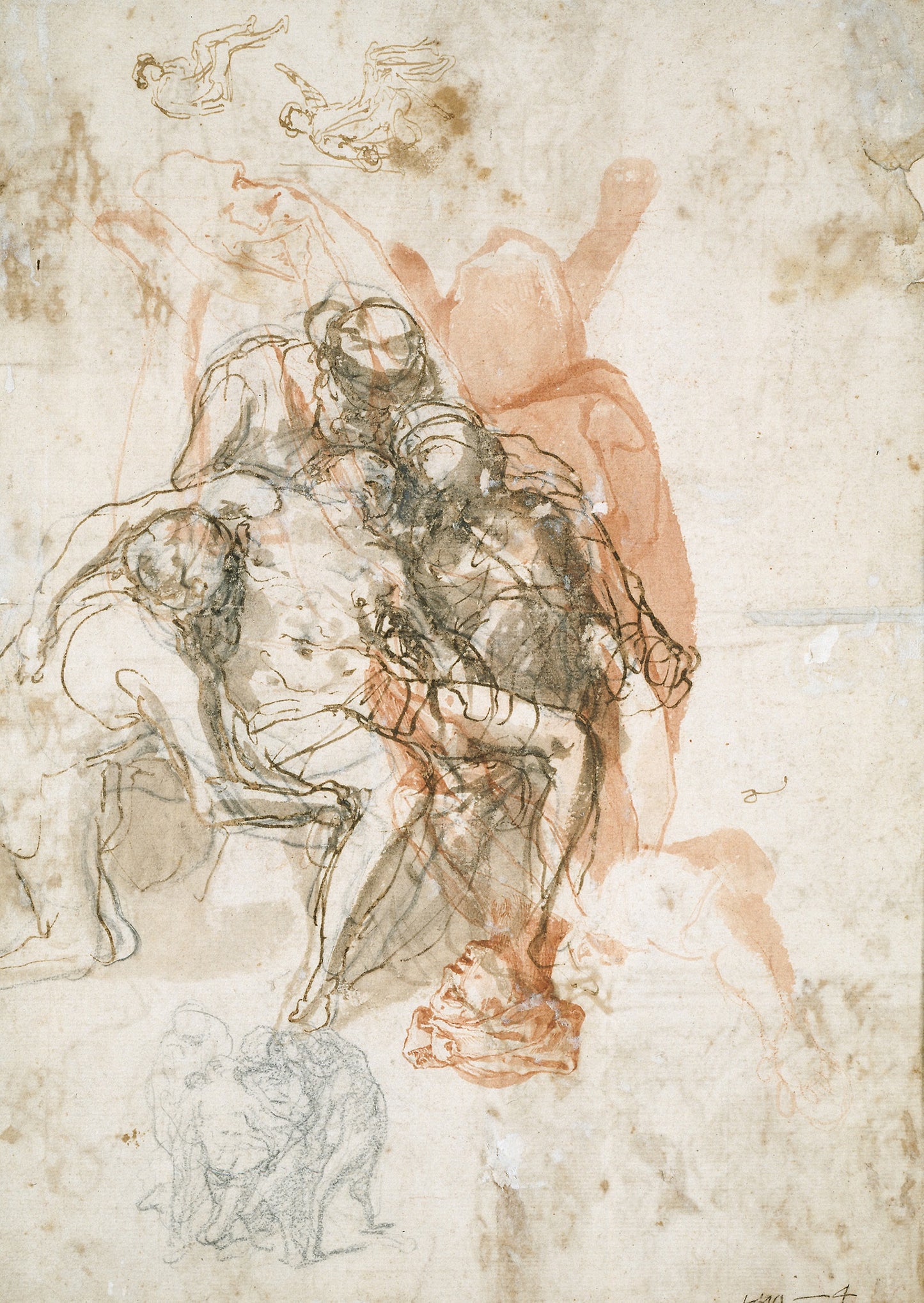 Three Figures Supporting a Man, Smaller Sketch of the Same, and Studies for the Blinding of Elymas -  Taddeo Zuccaro,  Poster Print Wall Art