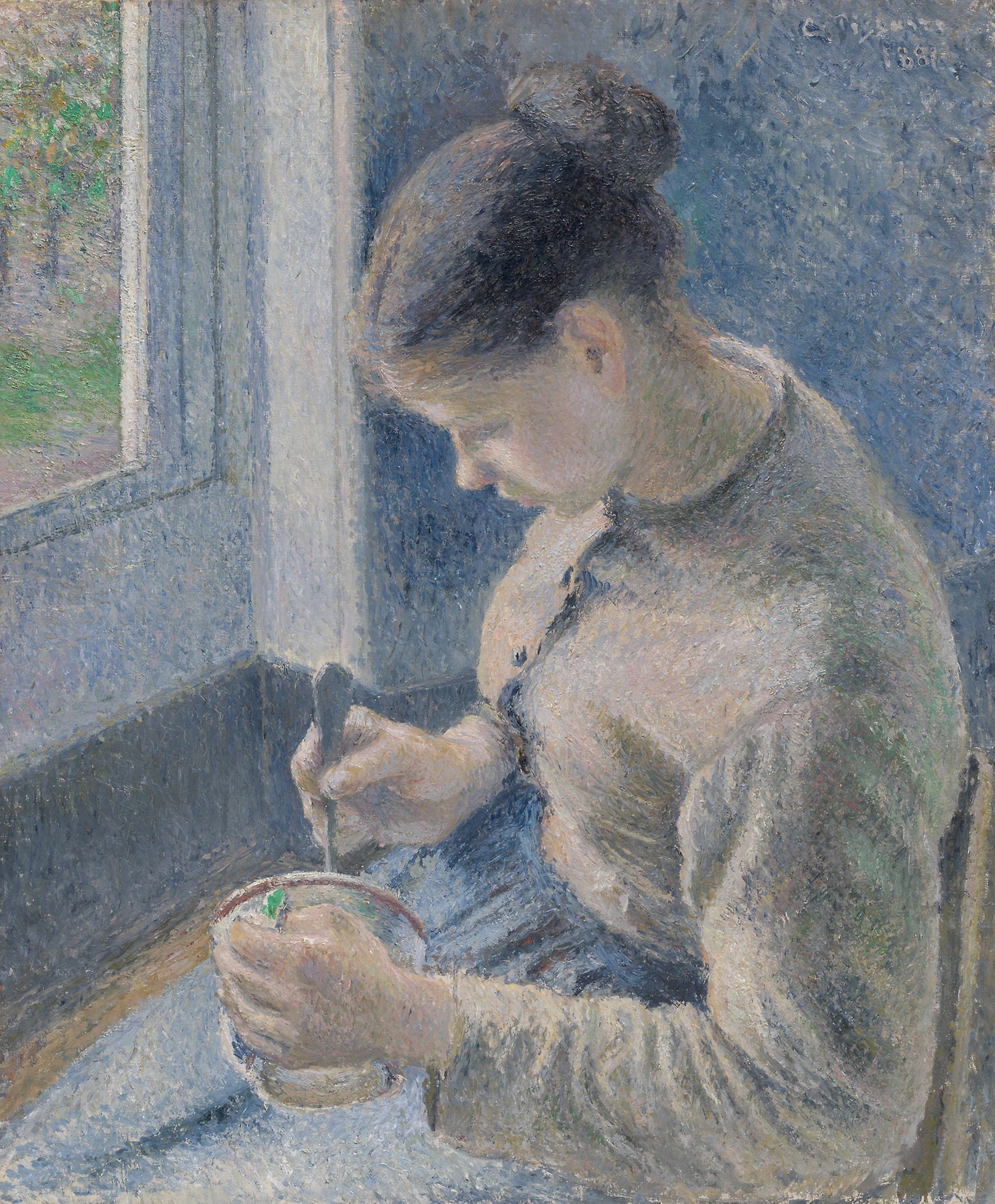 Young Peasant Having Her Coffee: Camille Pissarro,16x12"(A3) Poster