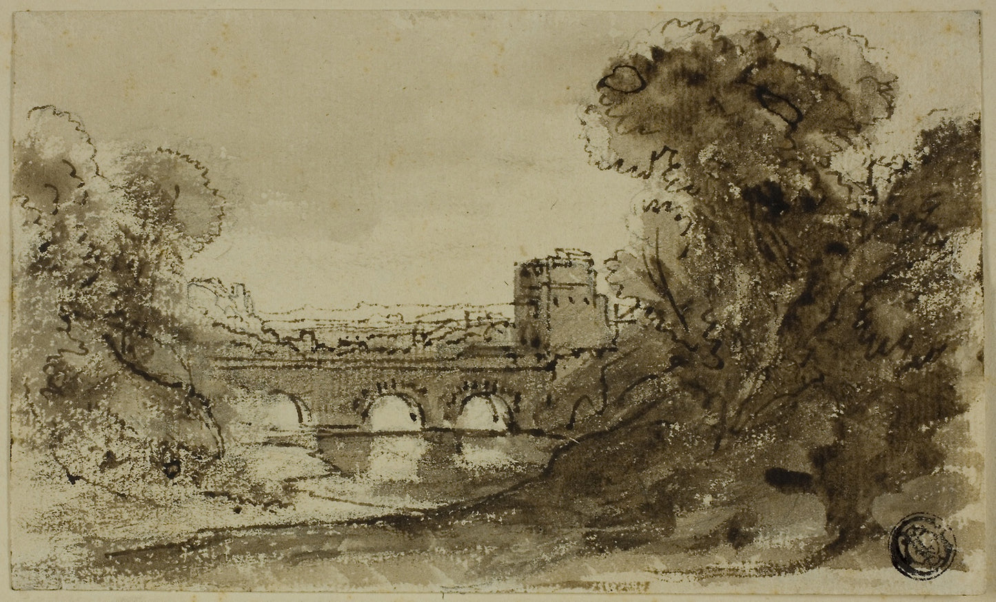 Italianate River Landscape with Bridge with Tower -  Possibly after Claude Lorrain (French, 1600-1682),  Poster Print Wall Art