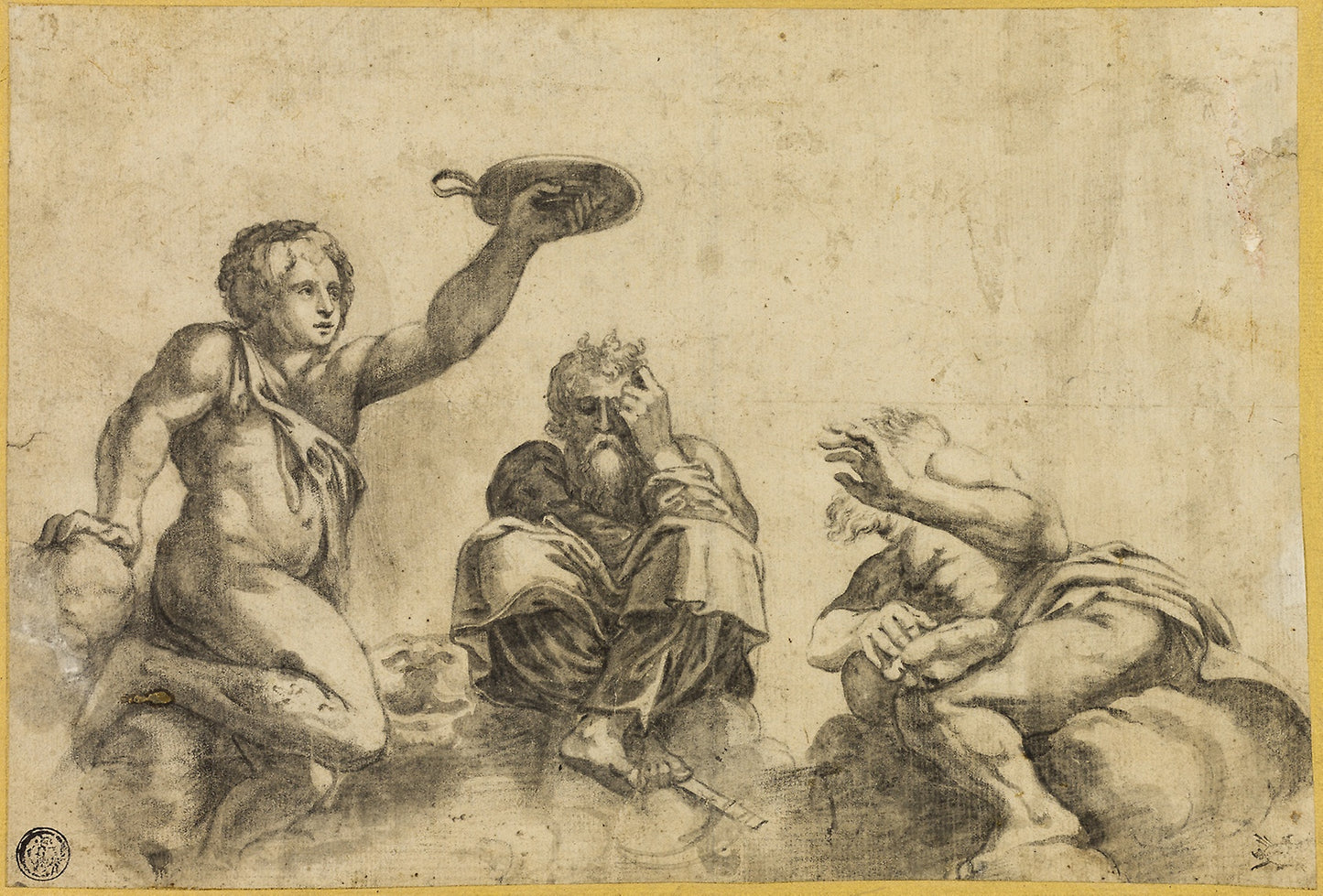 Time Seated on Clouds, Flanked -  Two Other Angels -  Giulio Pippi, called Giulio Romano, after,  Poster Print Wall Art