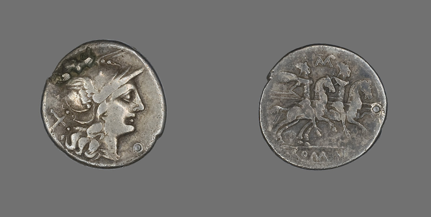 Denarius (Coin) Depicting the Goddess Roma -  Roman,  Poster Print Wall Art