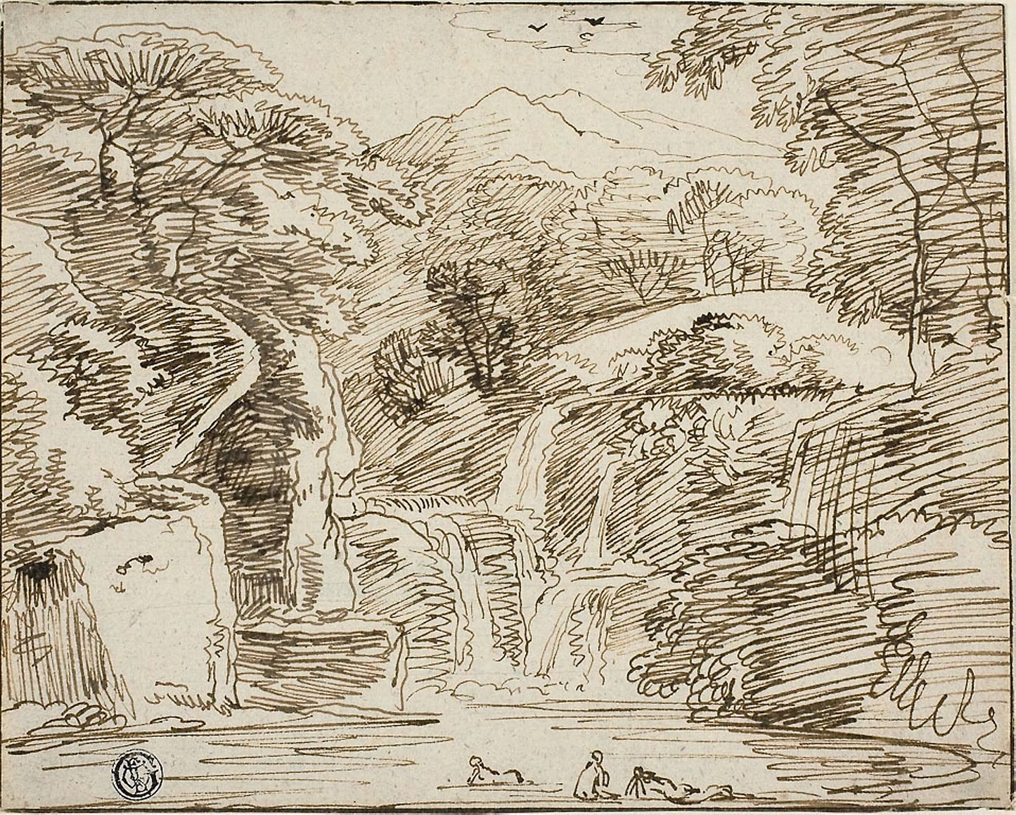 Nymphs Bathing near Waterfalls in Mountain Landscape -  Franz Kobell,  Poster Print Wall Art