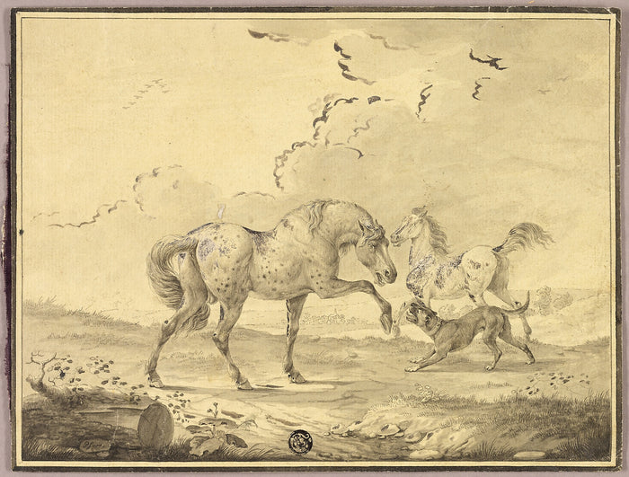 Two Horses Fighting Dog: Johann Georg Pforr,16x12