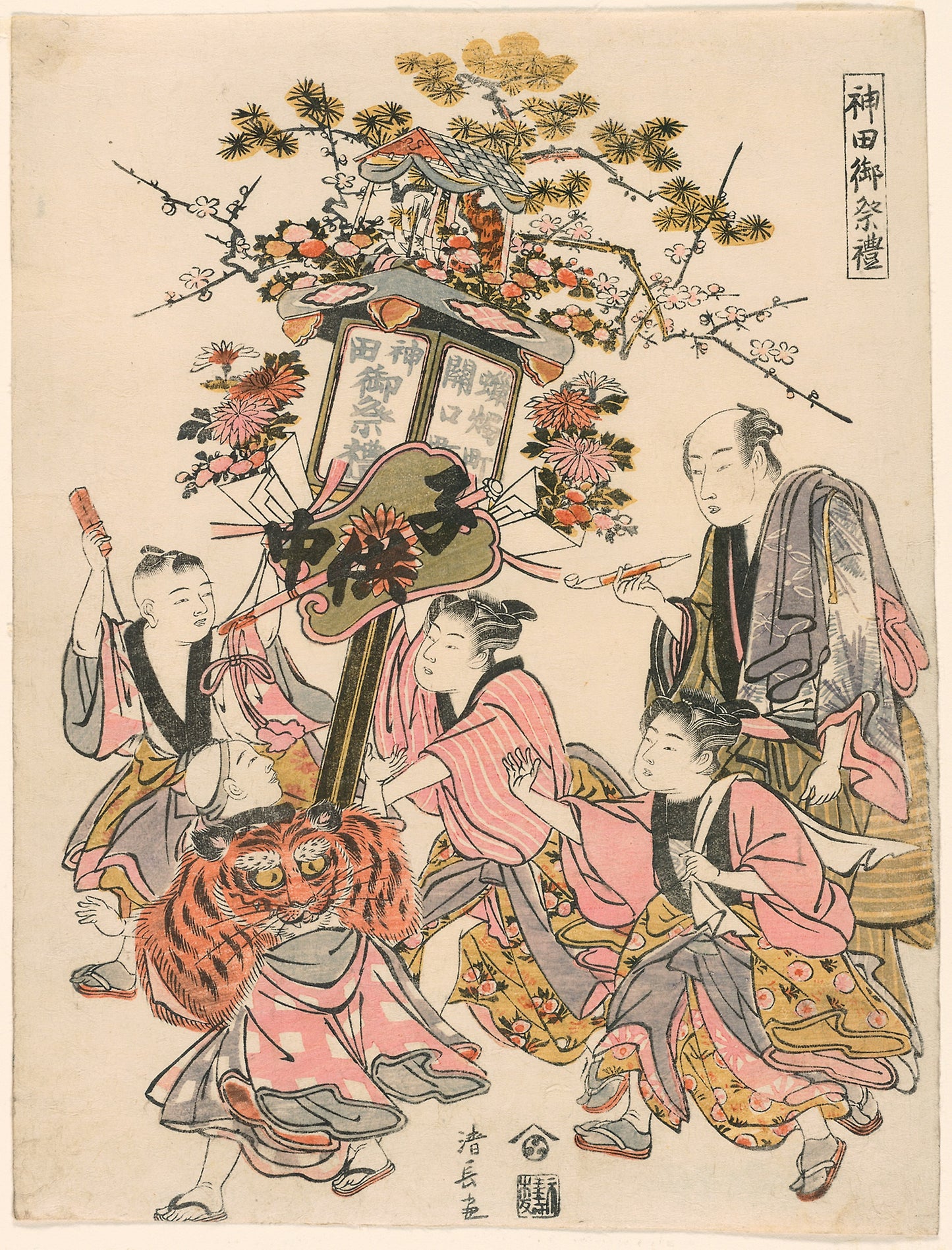 Carrying a Lantern Decorated with a Pavilion, Gohei, Flowers, and Fan (Sekiguchi-cho Rosoku-cho no banto), from the series "The Festival of the Kanda Shrine (Kanda go-sairei)" -  Torii Kiyonaga,  Poster Print Wall Art