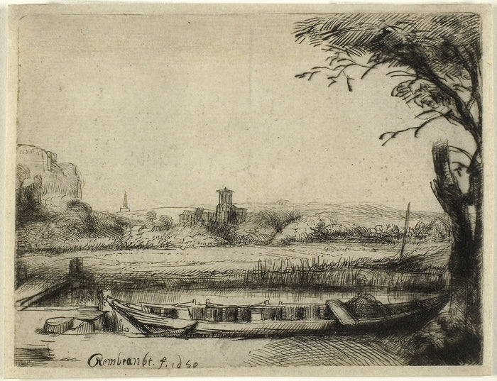 Canal with a Large Boat and a Bridge: Rembrandt van Rijn,16x12