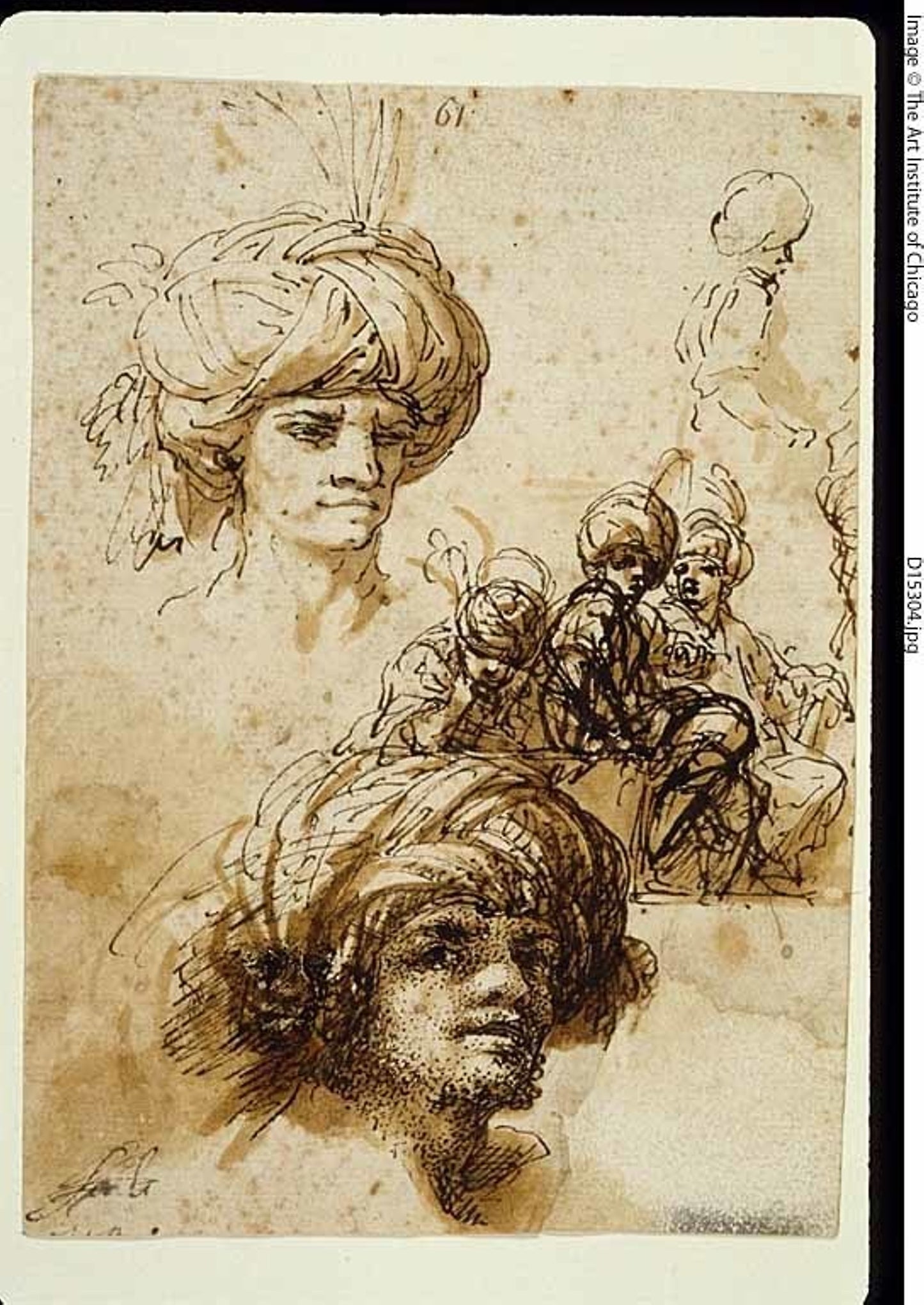 Sketches of Turbanned Men (recto); Fragment of a Figure and Sketches of Foliated Architectural Ornament (verso) -  Attributed to Salvator Rosa (Italian, 1615-1673),  Poster Print Wall Art