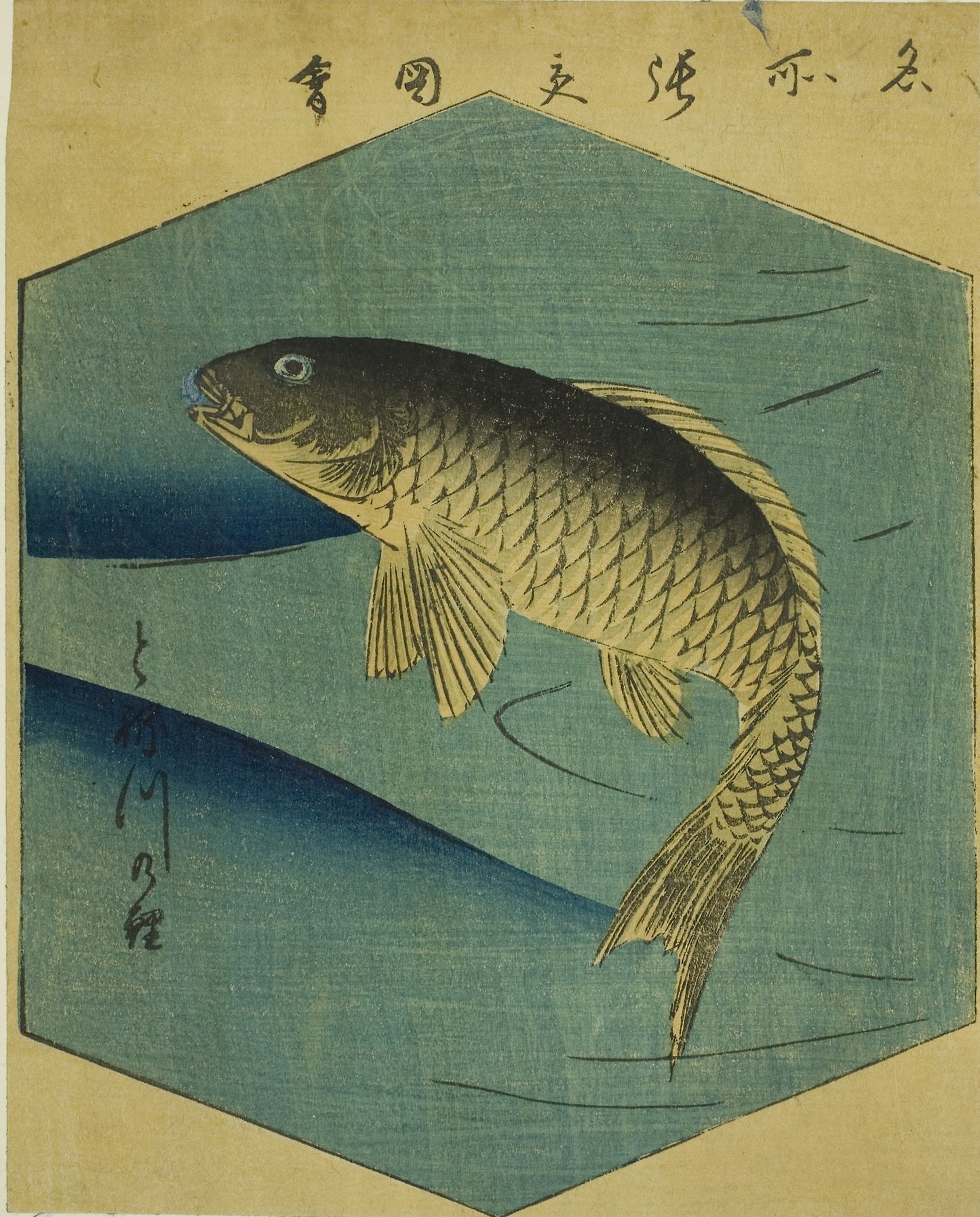 Carp in the Tone River (Tonegawa no koi), section of a sheet from the series "Cutout Pictures of Famous Places in Edo (Edo meisho harimaze zue)" -  Utagawa Hiroshige ?? ??,  Poster Print Wall Art