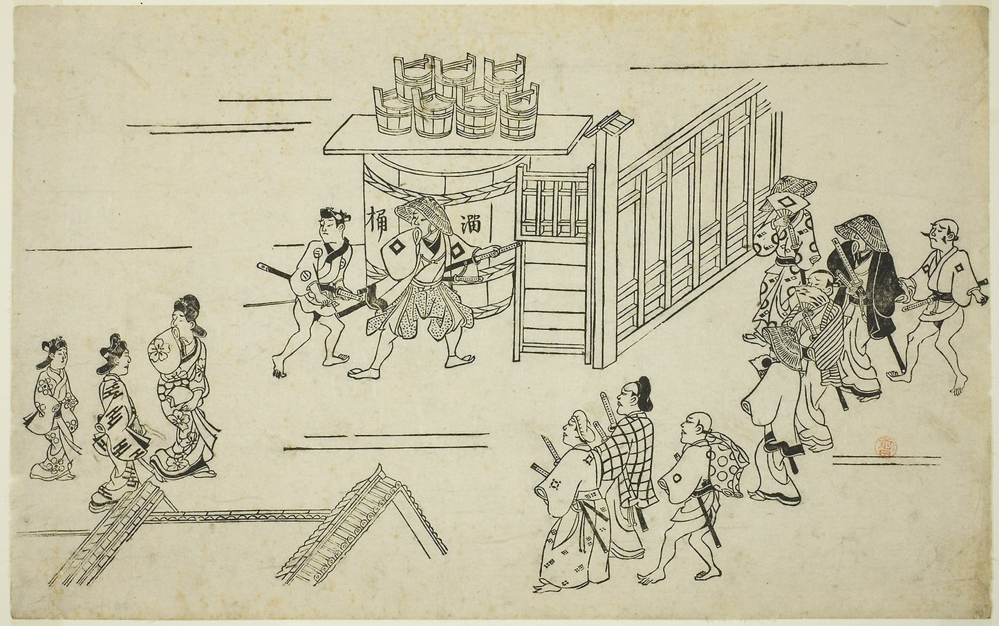 Entrance to Ageyacho, from the series "The Appearance of Yoshiwara (Yoshiwara no tei)" -  Hishikawa Moronobu,  Poster Print Wall Art