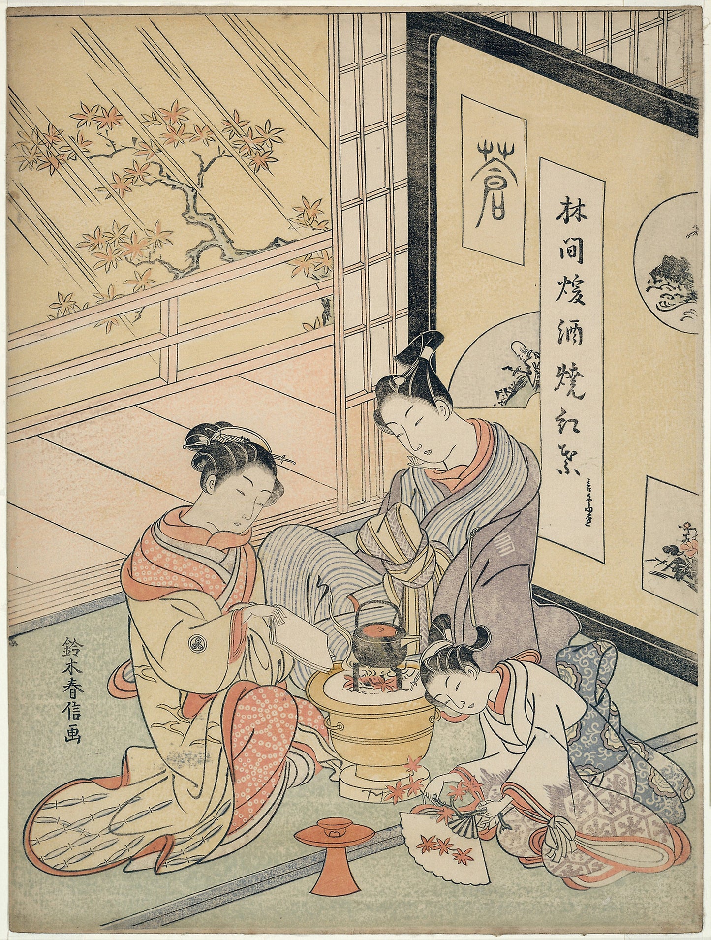 Burning Maple Leaves to Heat Sake -  Suzuki Harunobu ?? ?? ,  Poster Print Wall Art