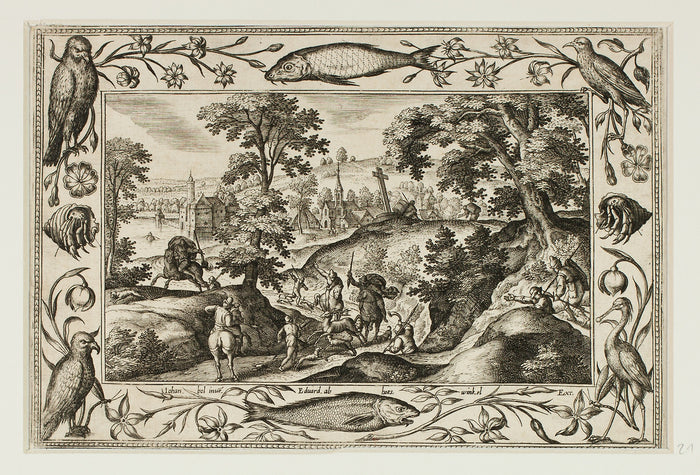 Deer Hunt, from Landscapes with Old and New Testament Scenes and Hunting Scenes: Adriaen Collaert (Flemish, c. 1560–1618) ,16x12