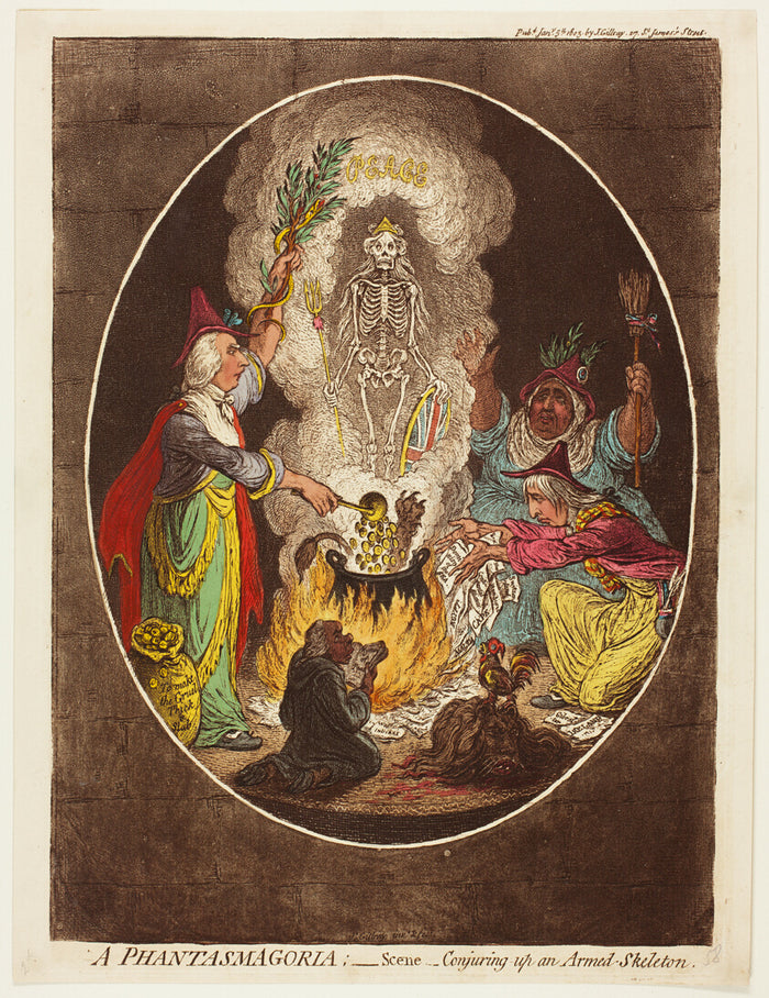 A Phantasmagoria - Scene - Conjuring up an Armed Skeleton by  James Gillray (English, 1756-1815), 23x16