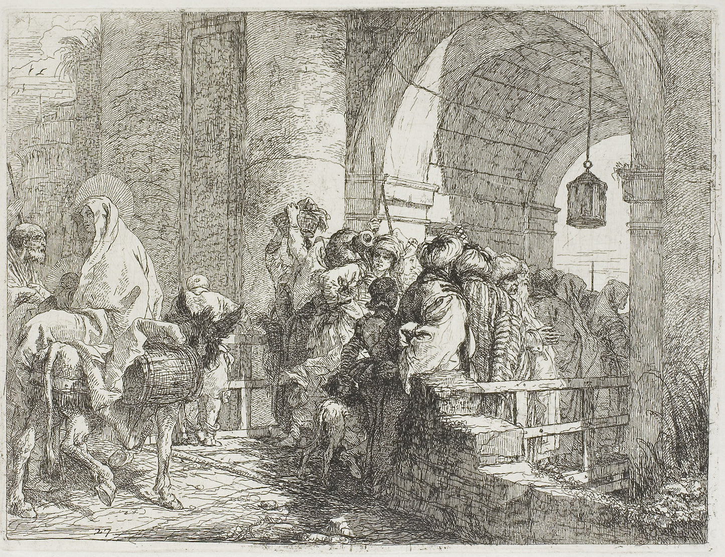 The Holy Family Arriving at a City Gate, plate 27 from The Flight into Eypt -  Giovanni Domenico Tiepolo,  Poster Print Wall Art
