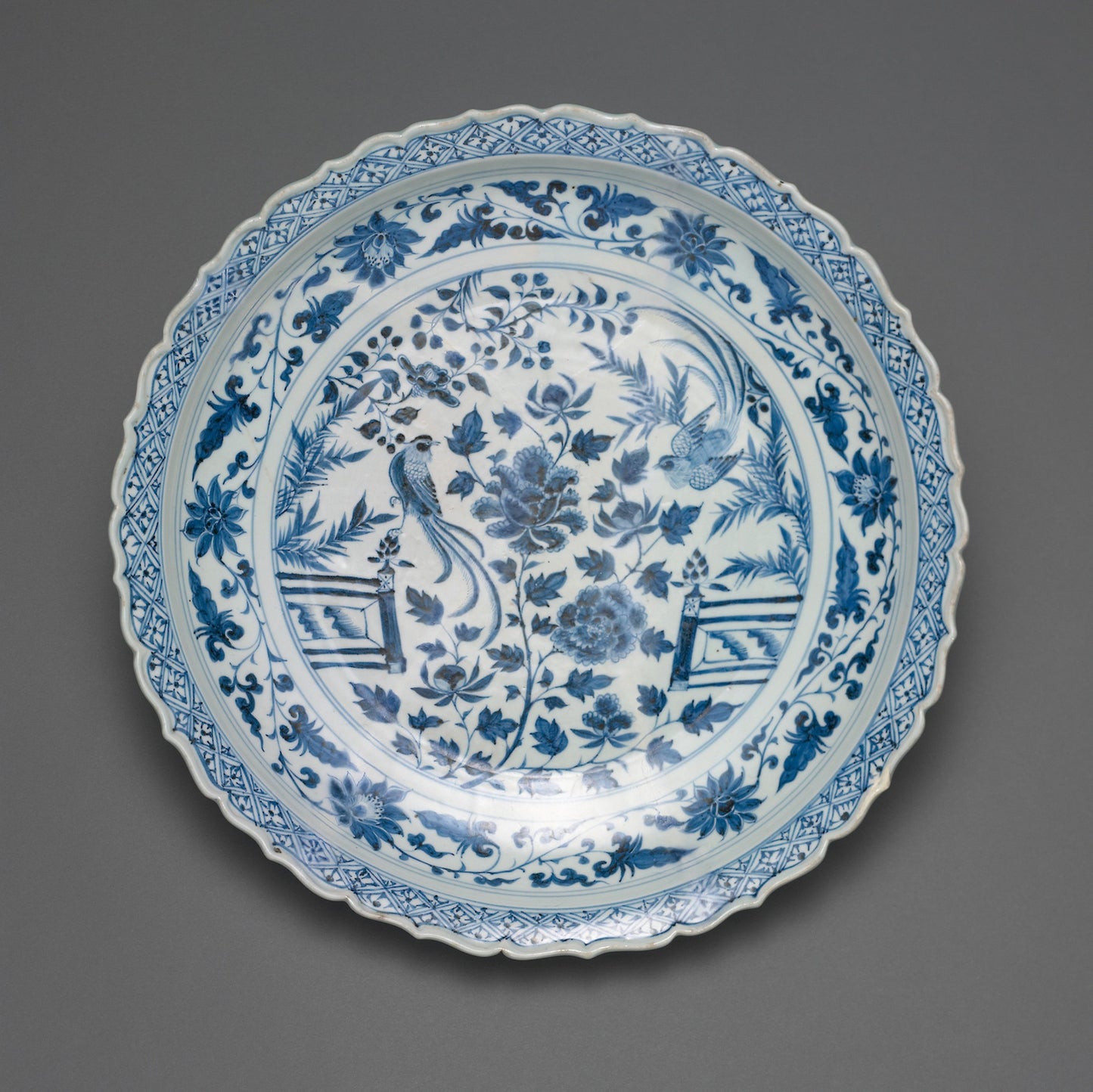 Shallow Dish with Long-Tailed Birds in a Garden of Stylized Peonies and Fronds, Encircled -  a Scrolling Wreath of Camellia and Lotus Blossoms -  China,  Poster Print Wall Art