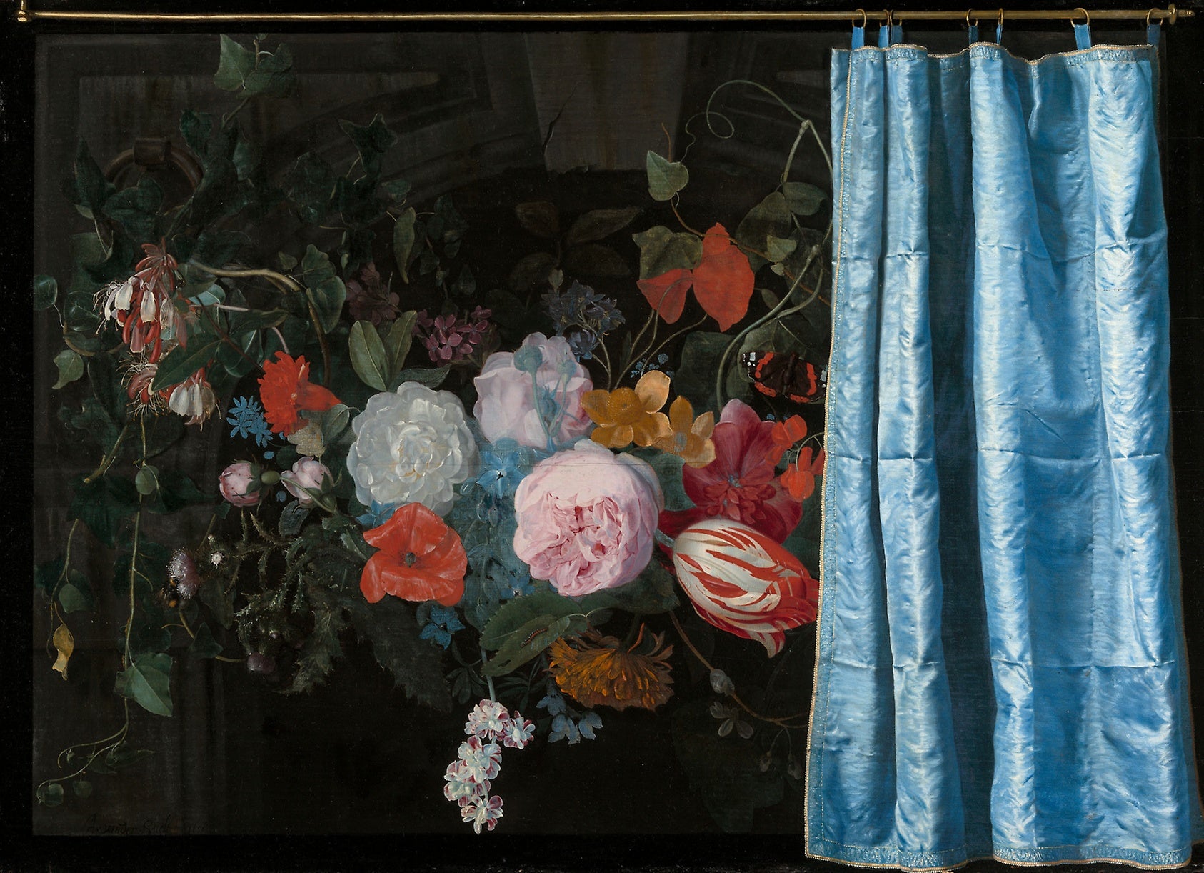Trompe-l'Oeil Still Life with a Flower Garland and a Curtain: Adriaen van der Spelt (Dutch, 1630-1673),16x12"(A3) Poster