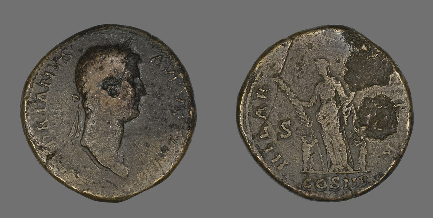 Sestertius (Coin) Portraying Emperor Hadrian -  Roman, minted in Rome,  Poster Print Wall Art