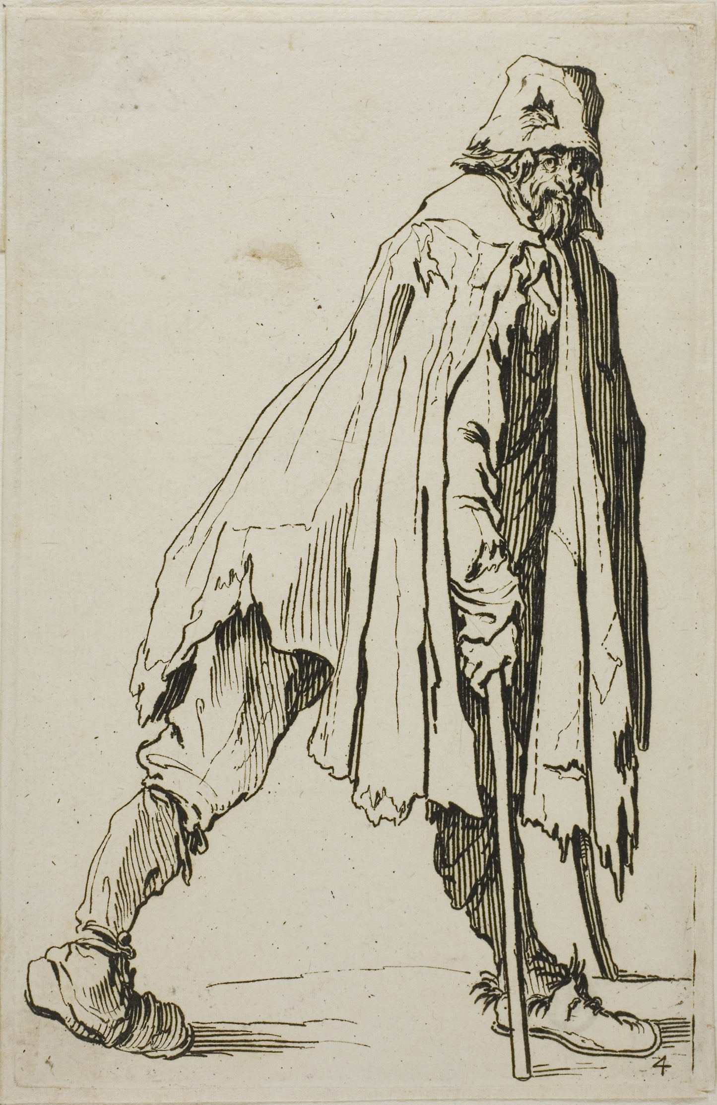 Beggar on Crutches Wearing a Hat, plate four from The Beggars -  Jacques Callot,  Poster Print Wall Art