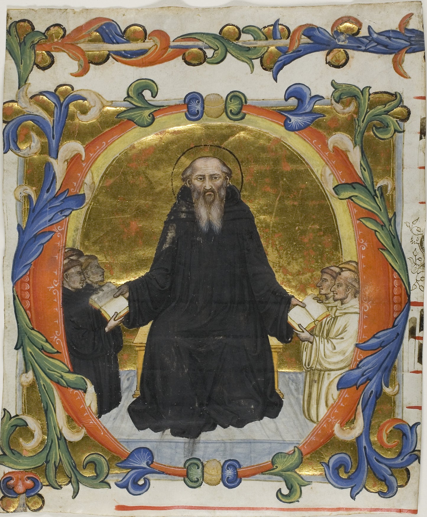 Saint Benedict Presenting his Rule to Benedictine and Cistercian Monks in a Historiated Initial "O" from a Choirbook: Italian (Siena), Poster Print Wall Art