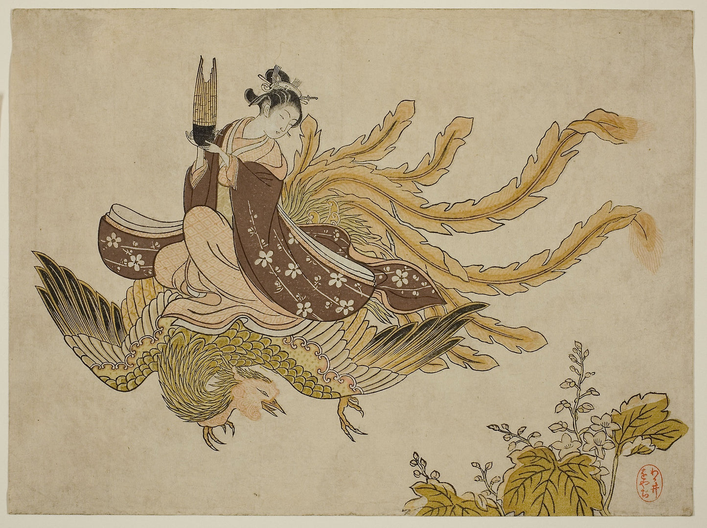 Young Woman Riding a Phoenix -  Attributed to Suzuki Harunobu ?? ??,  Poster Print Wall Art