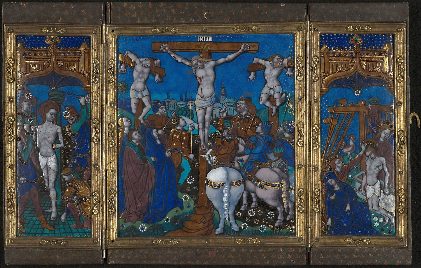 Triptych with The Crucifixion, The Flagellation, and The Entombment -  French; Limoges,  Poster Print Wall Art