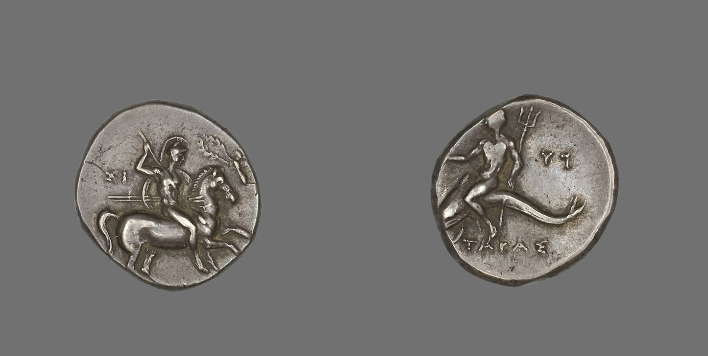 Stater (Coin) Depicting a Horseman -  Greek, minted in Tarentum, Calabria, Italy,  Poster Print Wall Art