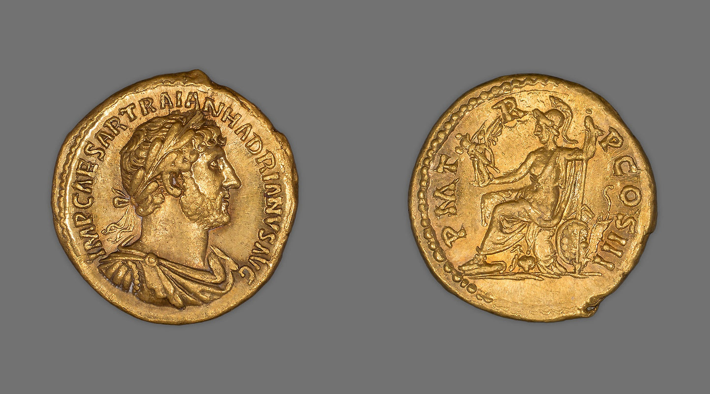 Aureus (Coin) Portraying Emperor Hadrian -  Roman, minted in Rome,  Poster Print Wall Art