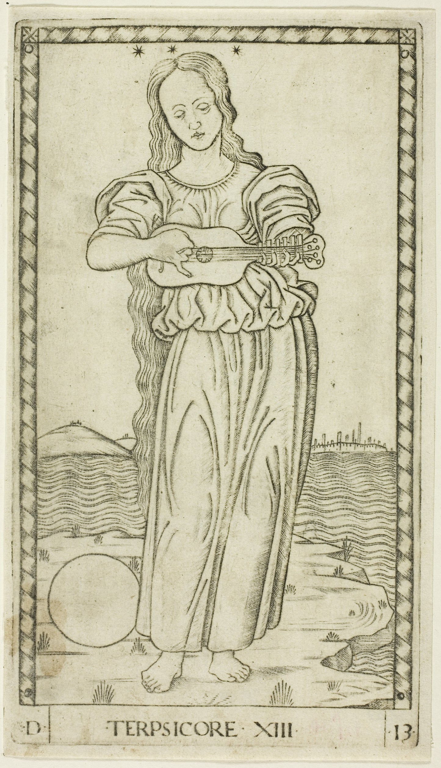 Terpsichore, plate thirteen from Apollo and the Muses -  Master of the E-Series Tarocchi,  Poster Print Wall Art