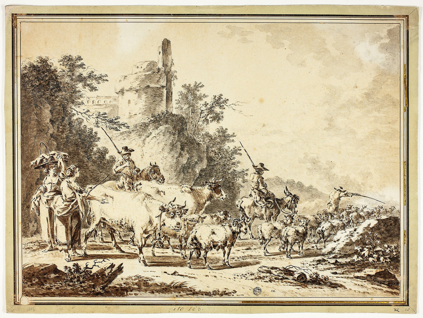 Herdsmen, Cattle and Sheep Passing Two Maidens, with Ruined Castle on Hill Above -  Follower of Claes Pietersz. Berchem (Dutch, 1620-1683),  Poster Print Wall Art