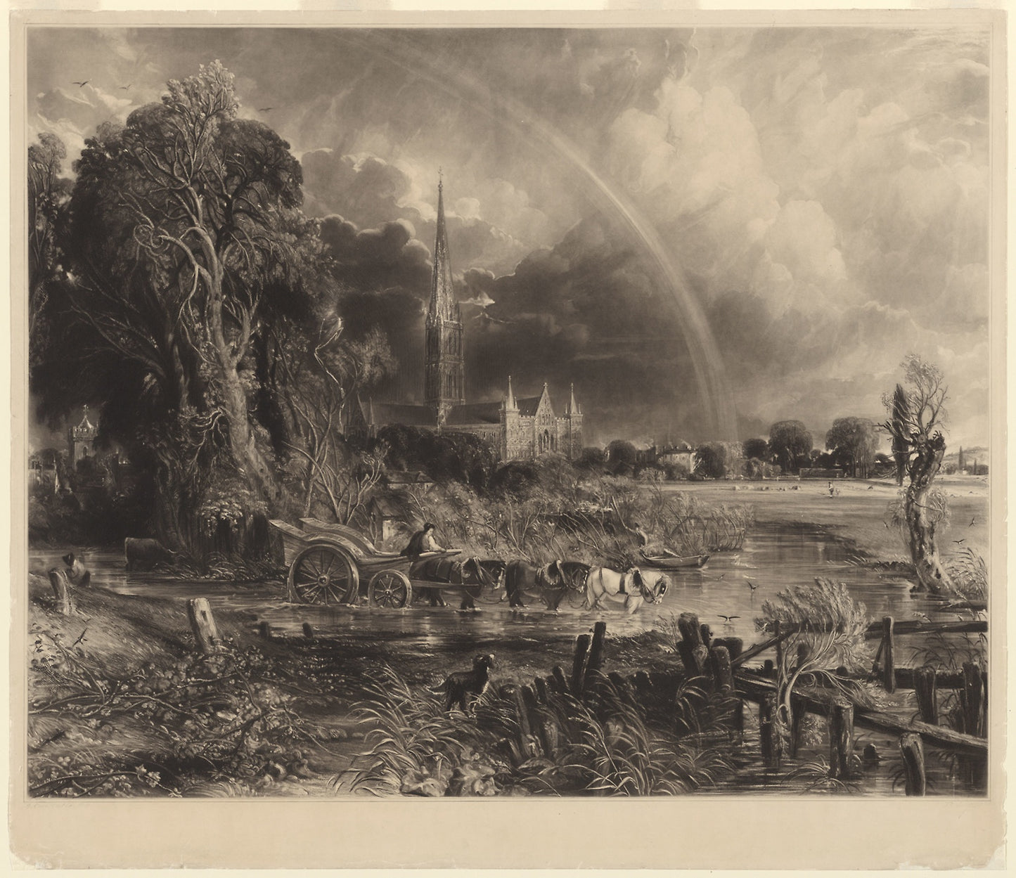 Salisbury Cathedral from the Meadows -  the Rainbow -  David Lucas (English, 1802-1881),  Poster Print Wall Art